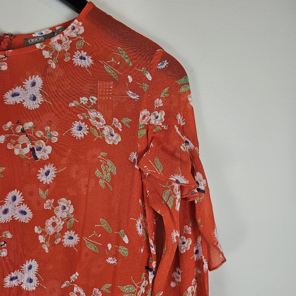 ASOS Crepe Sheer Peplum Ruffle Shoulder Dress Fully Lined Size 0 Red Floral 1518 - Picture 6 of 15